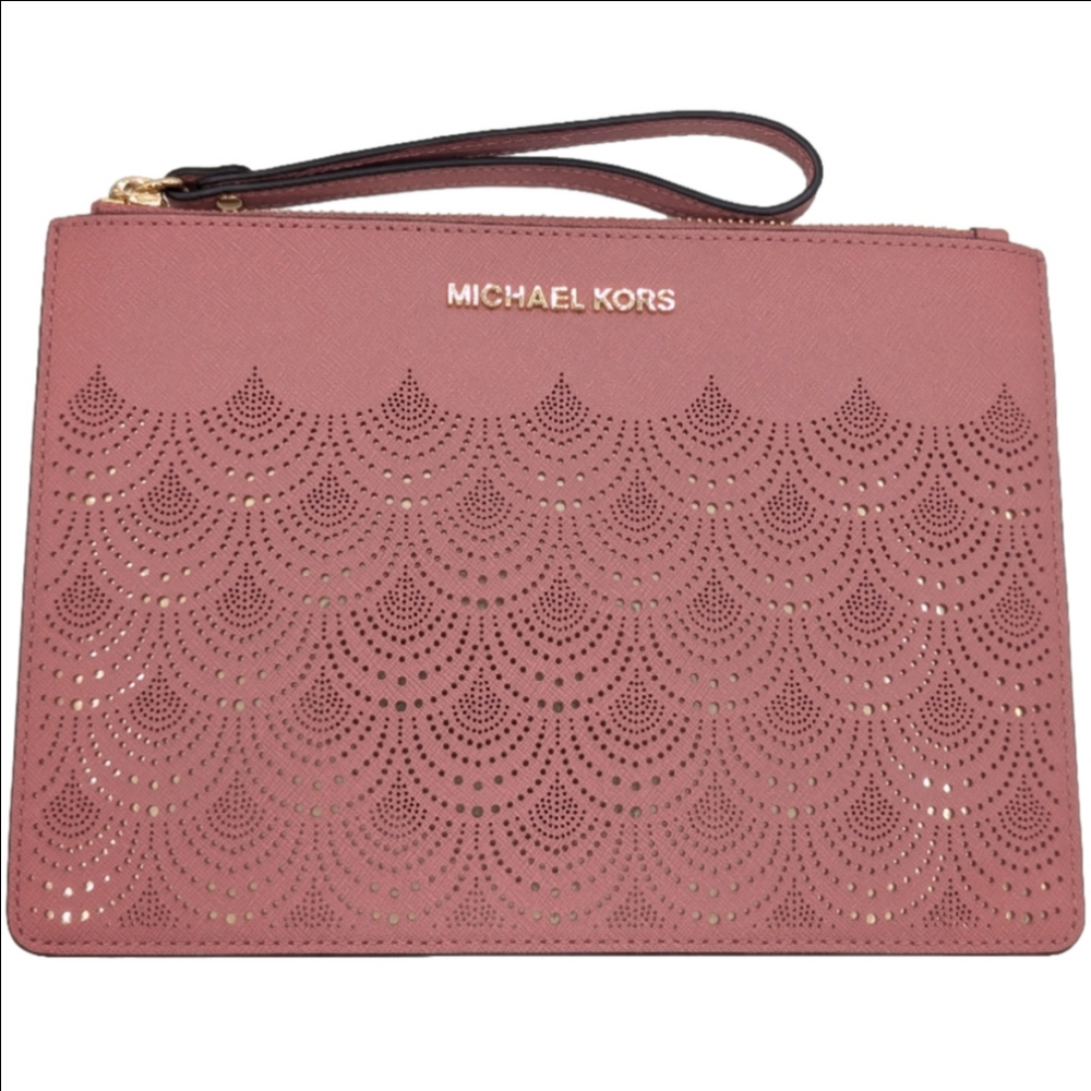 Michael Kors Dusty Rose Pink Wristlet Clutch with Gold Lasercut Design
